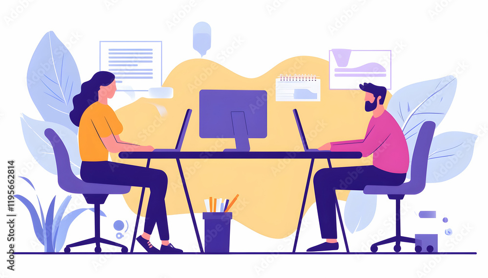 Web developers using a computer together in an office Web developers using a computer together in an office