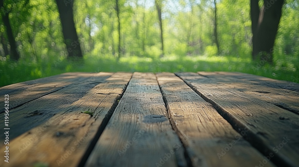 Wooden Table Surrounded by Lush Green Forest and Sunlight Wooden Table Surrounded by Lush Green Forest and Sunlight