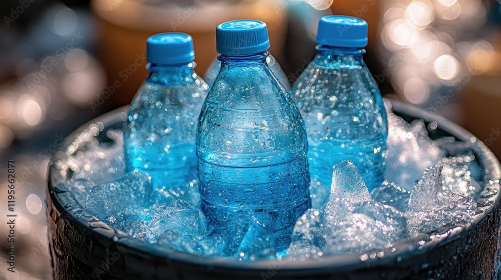 Refreshing Bottles of Water in a Cool Ice Bucket Display Refreshing Bottles of Water in a Cool Ice Bucket Display