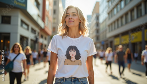 Confident woman wearing feminist t-shirt in urban street, empowerment photo