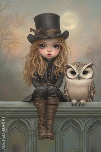 Whimsical girl with owl under moonlight, enchanting aura photo