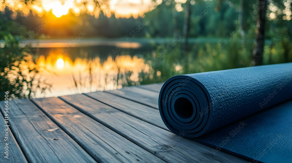 Close-up of yoga mat rolled out on a wooden deck overlooking a serene lake at sunrise Close-up of yoga mat rolled out on a wooden deck overlooking a serene lake at sunrise