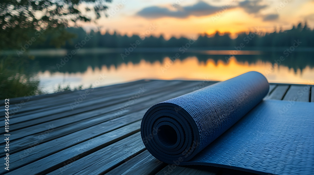 Close-up of yoga mat rolled out on a wooden deck overlooking a serene lake at sunrise Close-up of yoga mat rolled out on a wooden deck overlooking a serene lake at sunrise