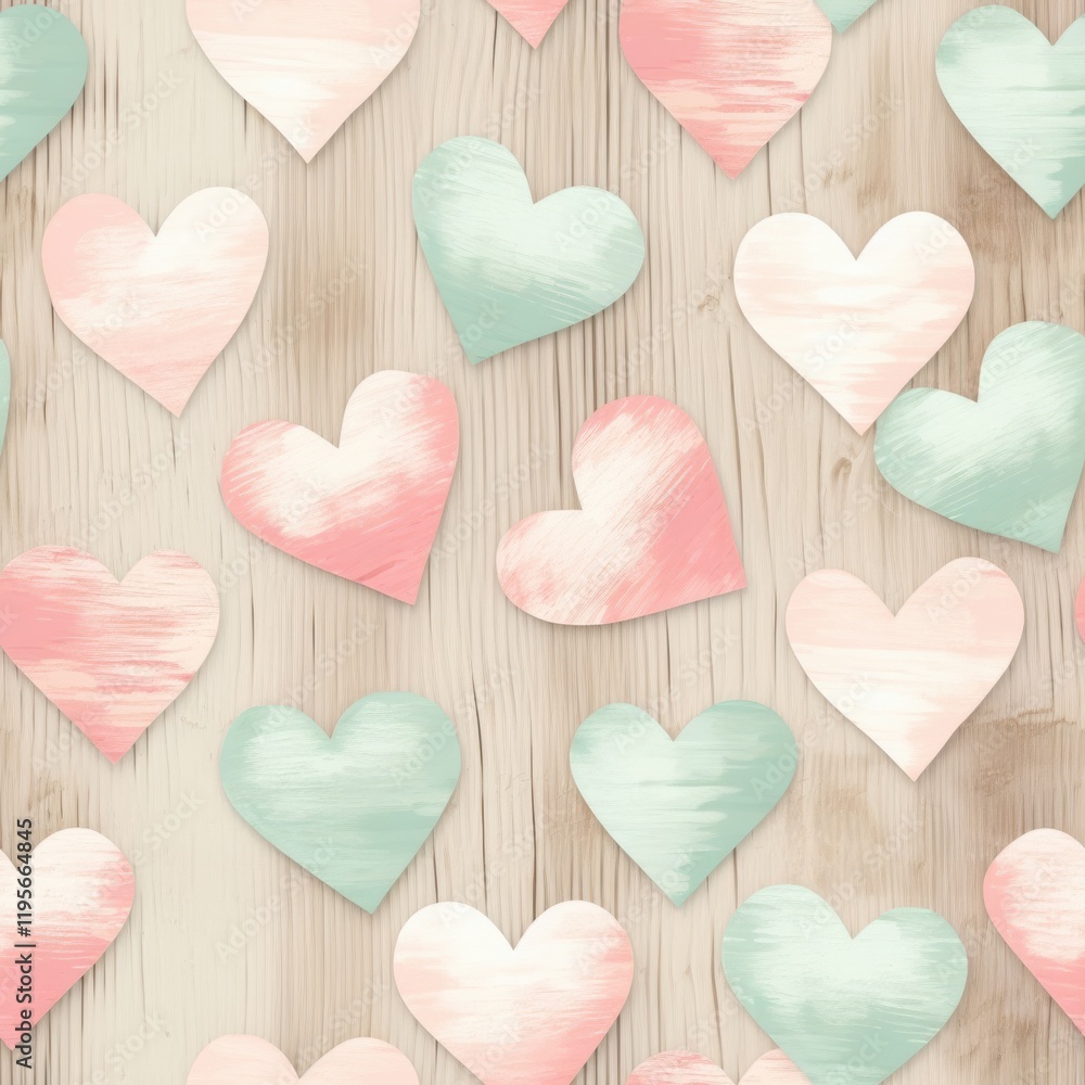 Fototapeta premium pastel wooden hearts pattern on white rustic wooden background, soft pink, mint green, and beige tones, romantic and vintage style, concept of valentine’s day, wedding decor, gift wrapping