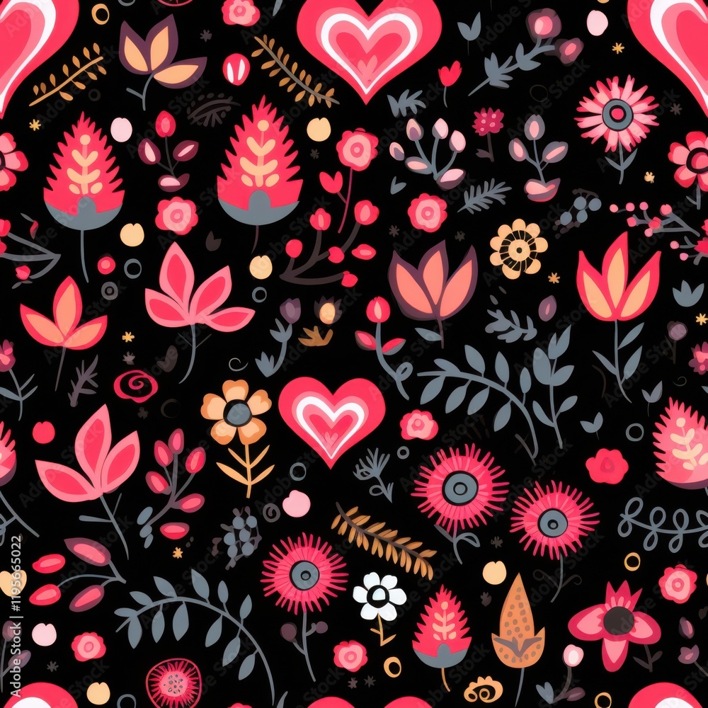 Folk Art Floral and Heart Seamless Pattern Folk Art Floral and Heart Seamless Pattern