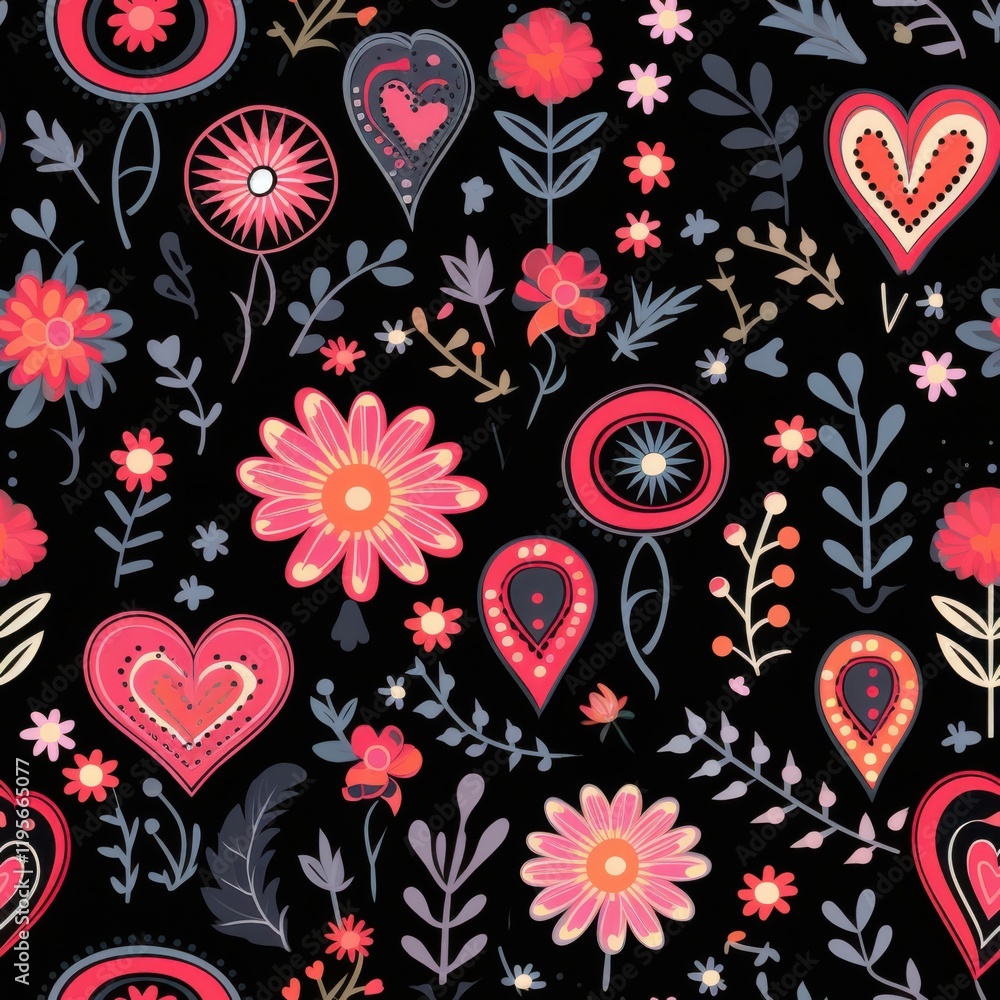 Naklejka premium Folk Art Floral and Heart Seamless Pattern