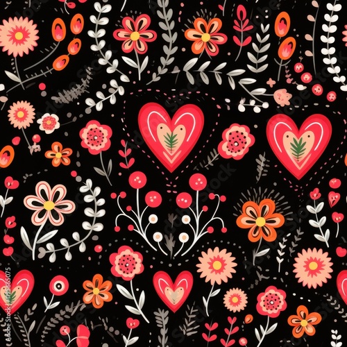 Wallpaper Mural Folk Art Floral and Heart Seamless Pattern Torontodigital.ca