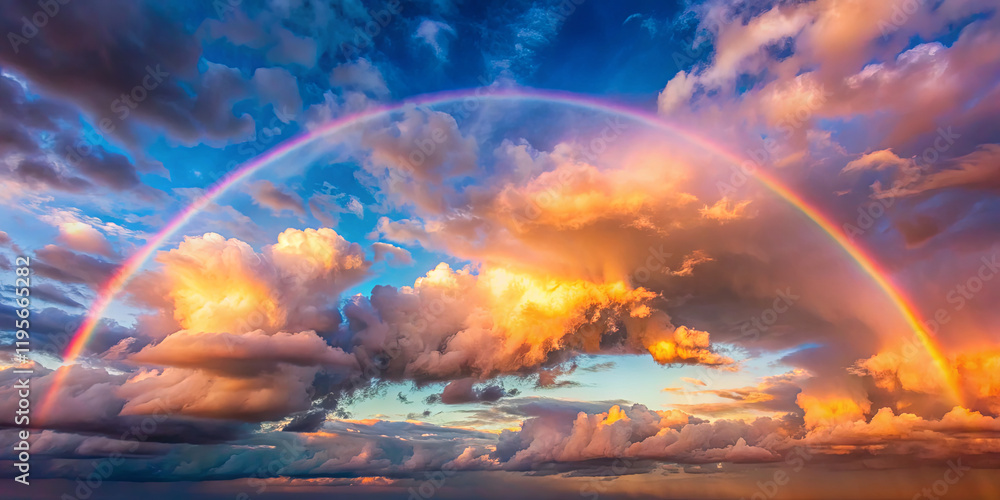 A striking rainbow spans across the sky, framed by fluffy clouds in shades of orange, pink, and purple during a breathtaking sunset over the ocean A striking rainbow spans across the sky, framed by fluffy clouds in shades of orange, pink, and purple during a breathtaking sunset over the ocean