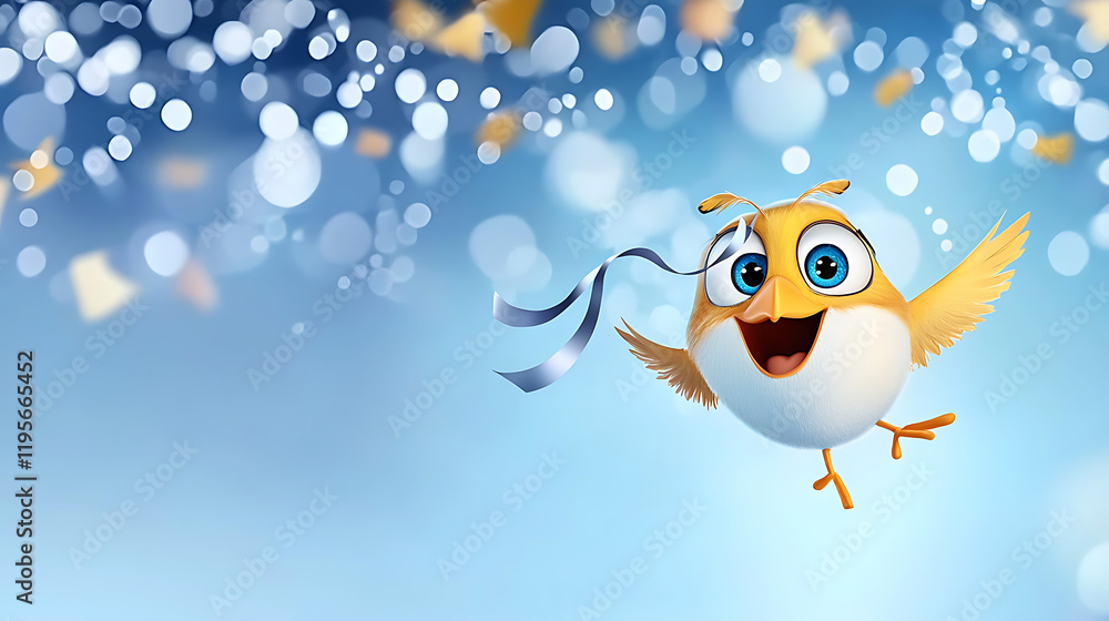 Naklejka premium A cartoon bird is flying in the air with a blue ribbon. generated by AI