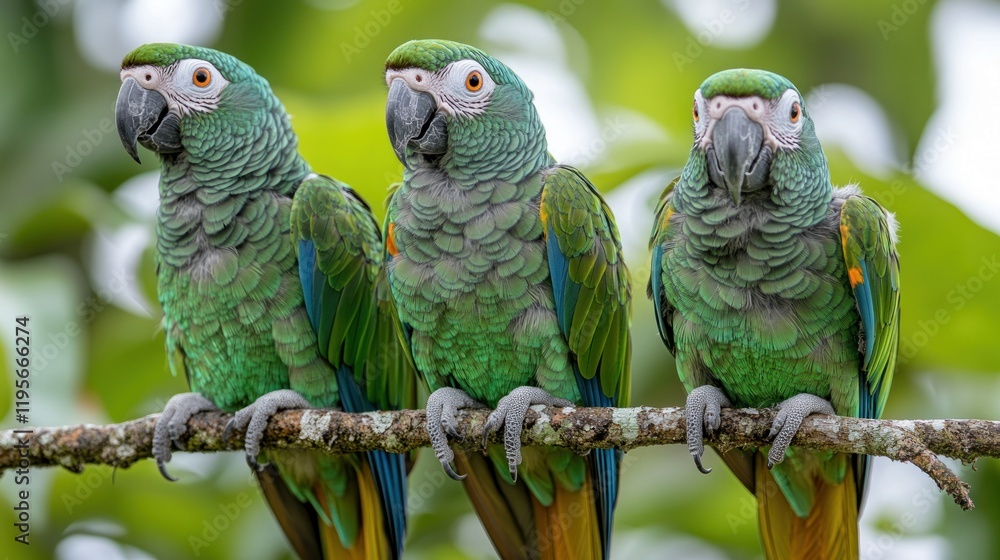 Obraz premium Three vibrant green macaws perched on a branch amidst a lush tropical background, showcasing their beauty
