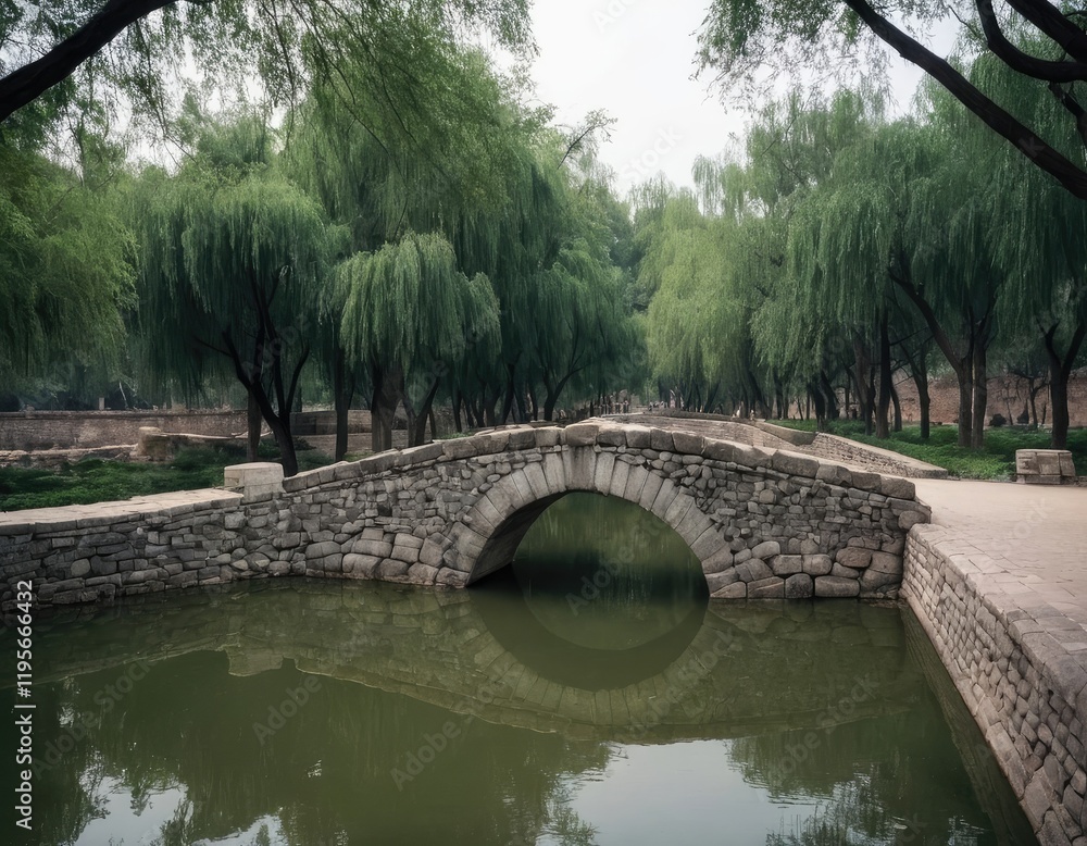 A graceful stone bridge over calm water, surrounded by lush trees A graceful stone bridge over calm water, surrounded by lush trees