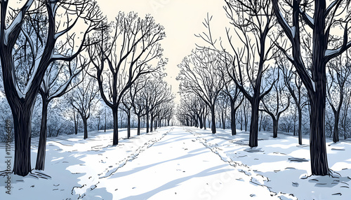 Winter nature background, Illustration, cartoon, hand-drawing