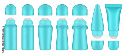 Set of light blue roller ball bottles. Body antiperspirant deodorant roll-on, open blank bottles with screw cap. Realistic vector mockup. Roller Applicator