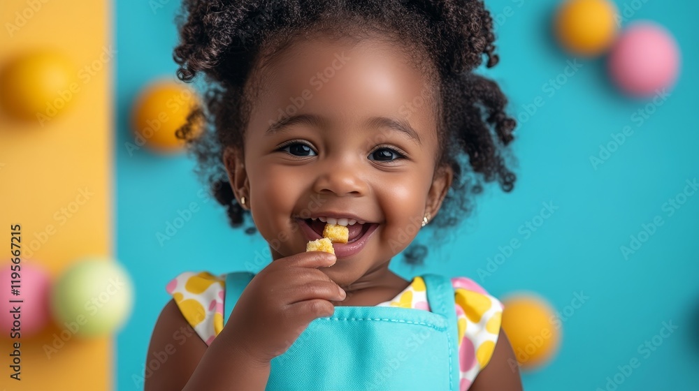 Smiling toddler in colorful outfit eating snack with vibrant background enhancing joyful mood and playful energy. Smiling toddler in colorful outfit eating snack with vibrant background enhancing joyful mood and playful energy.