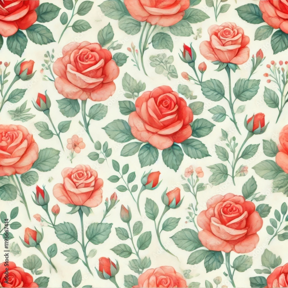 Seamless pattern of red roses with green leaves on white background, elegant floral design, concept of wedding stationery, textile, gift wrapping Seamless pattern of red roses with green leaves on white background, elegant floral design, concept of wedding stationery, textile, gift wrapping
