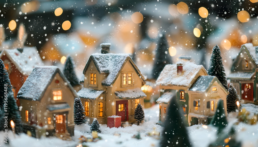 Fototapeta premium Winter wonderland village with snowfall and lights, creating a magical and inviting scene that evokes the joy and charm of the holiday season
