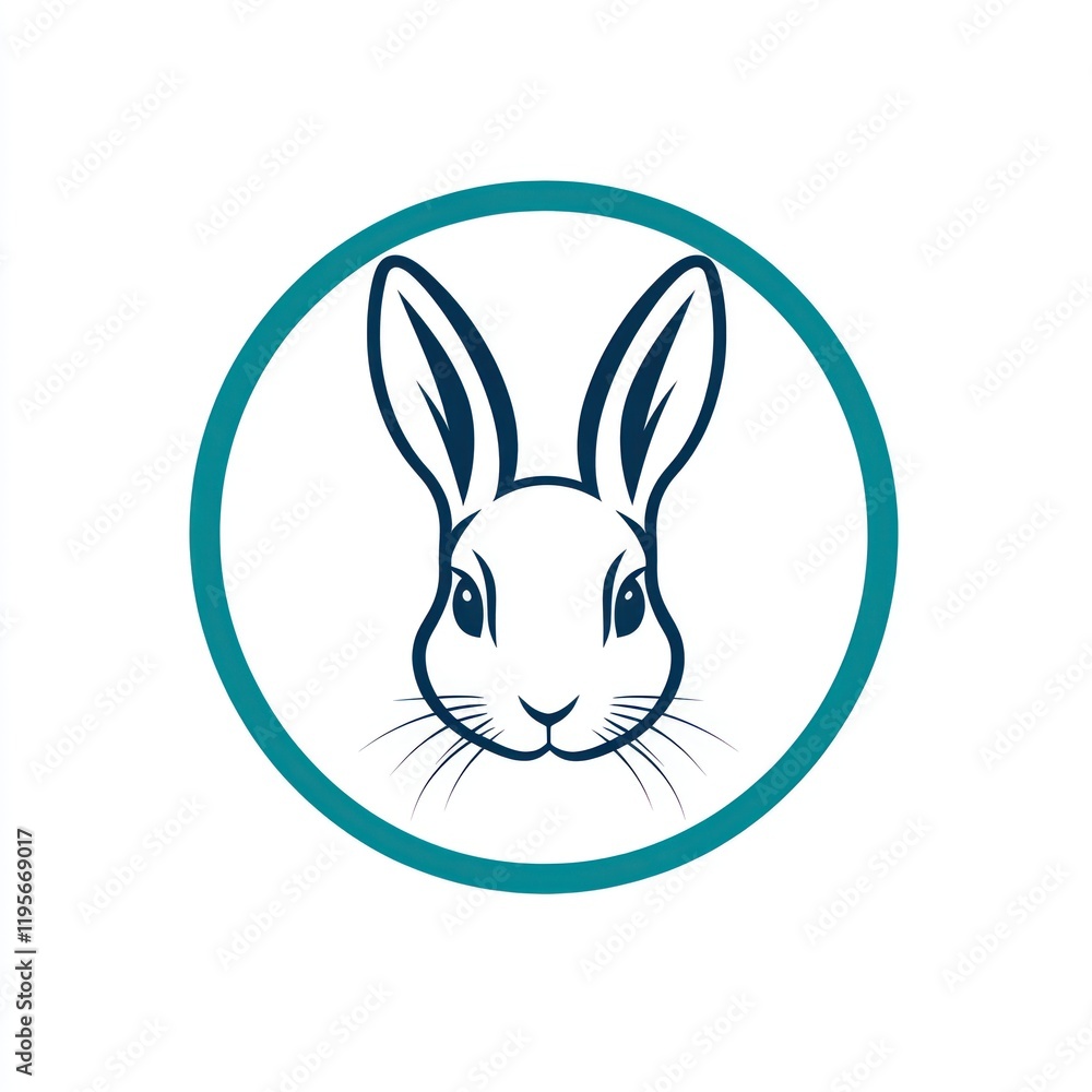 Fototapeta premium Rabbit head in blue circle, centered, on white background; for logo or design element