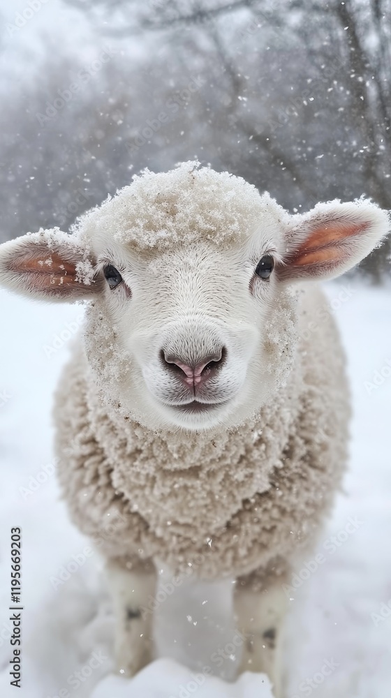 Fototapeta premium A cute sheep with snow on its wool stands in a snowy landscape, capturing the essence of winter's charm.