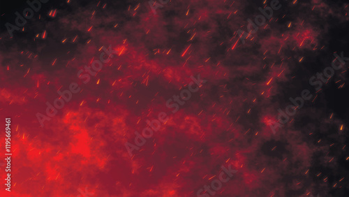 Fire sparks on a dark background. Fire Animation. Abstract isolated fiery glowing particles on a black background fly up. Raging Campfire Flames. 3D Vector illustration.