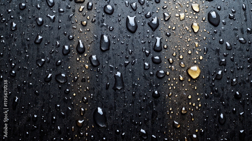 Close-up of water droplets on a dark surface with reflective light Close-up of water droplets on a dark surface with reflective light