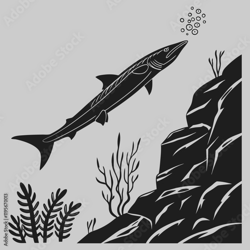 barracuda gliding near under water silhouette vector design art and illustration