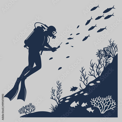  diver under coral silhouette vector design art and illustration