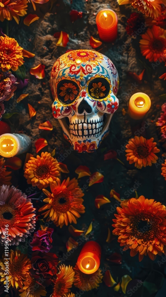 Colorful Día de los Muertos sugar skull with flowers and candles in a festive, Day of the Dead glowing atmosphere background Colorful Día de los Muertos sugar skull with flowers and candles in a festive, Day of the Dead glowing atmosphere background