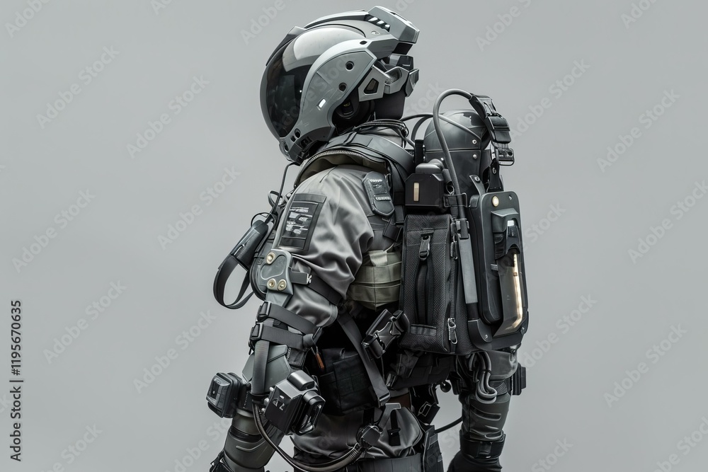 Engineer wearing an exoskeleton is standing with his back turned in profile Engineer wearing an exoskeleton is standing with his back turned in profile