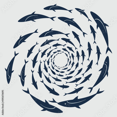  sardiness creating a spiral paattern under water silhouette vector design art and illustration