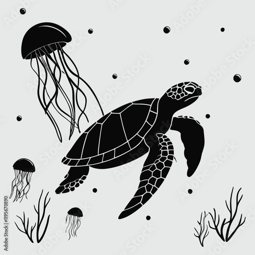  turtle surrounded jellyfish silhouette vector design art and illustration