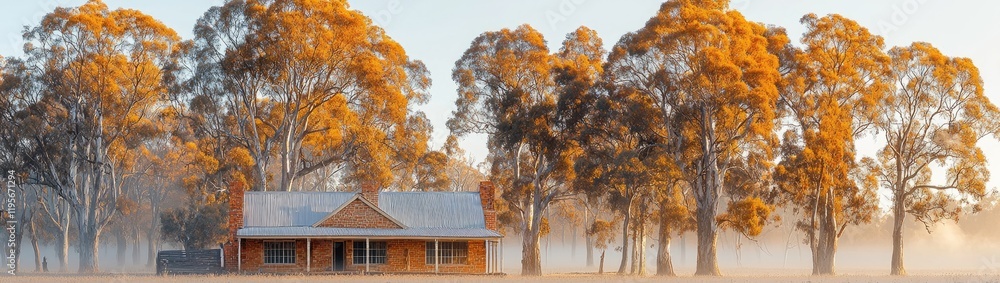 Serene Morning View: Foggy Fields and a Rustic Rural Homestead at Sunrise Serene Morning View: Foggy Fields and a Rustic Rural Homestead at Sunrise