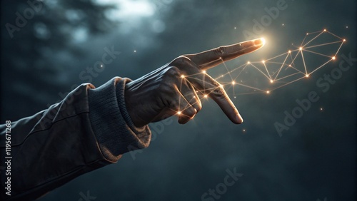 
22h
A realistic hand with the index finger pointing outward, while three other fingers fold back towards the person, glowing threads of light connecting the fingers, symbolic of introspection and acc photo