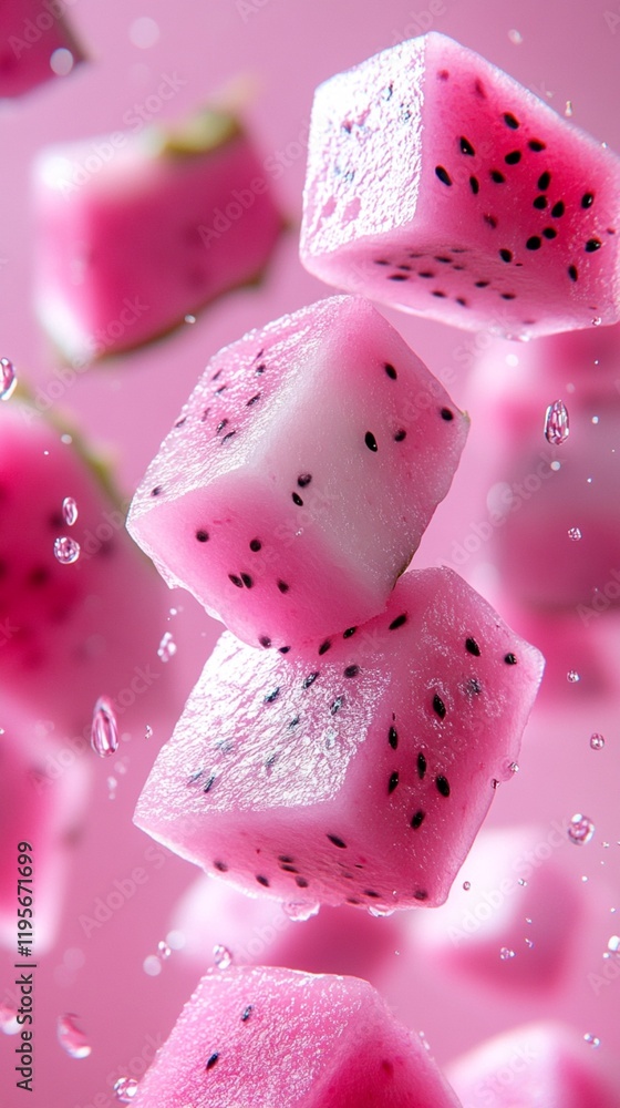 A vibrant dragon fruit sliced squares with each piece floating vertically in mid-air, on a soft pastel background, hyper realistic, 4K A vibrant dragon fruit sliced squares with each piece floating vertically in mid-air, on a soft pastel background, hyper realistic, 4K