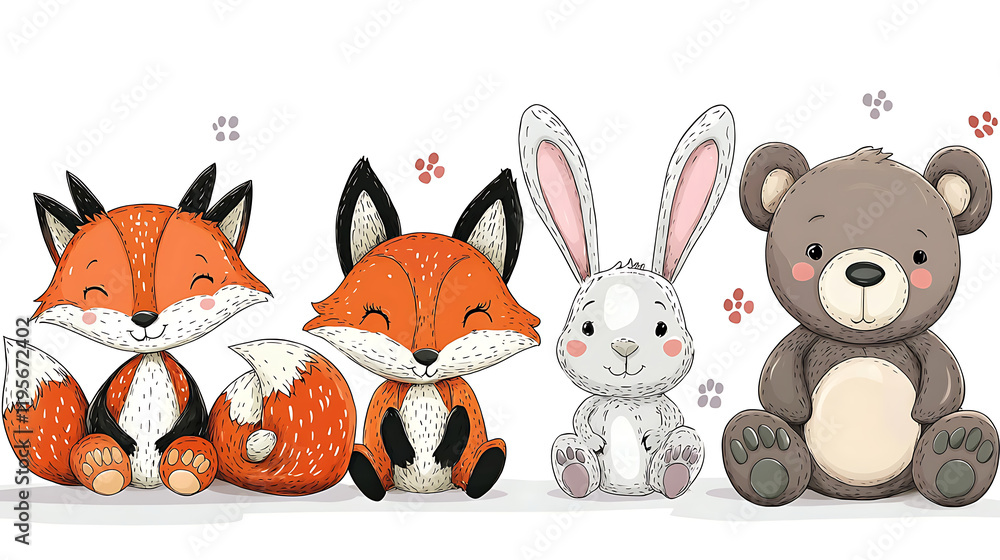 Naklejka premium Four cartoon animals, a rabbit, a bear, a fox, and a rabbit. generated by AI