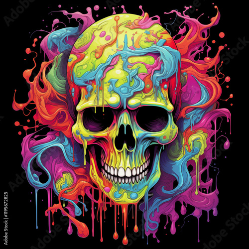  Psychedelic Skull with Multicolor Paint Drips