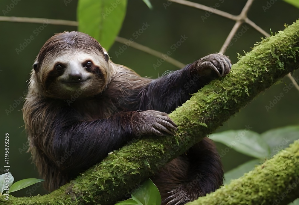 Fototapeta premium Endangered Sloth Resting Among Lush Jungle Foliage