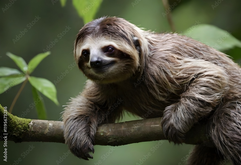 Fototapeta premium Endangered Sloth Resting Among Lush Jungle Foliage