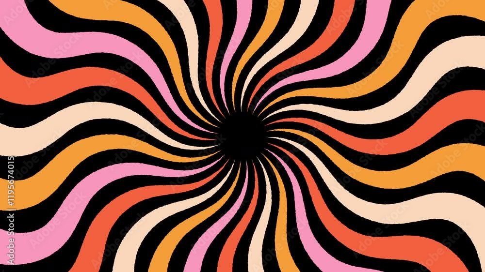 Modern Trendy Radial Hypnotic Spiral Animation Background. 60s 70s vintage retro pastel colors. 4K Seamless loop wallpaper.