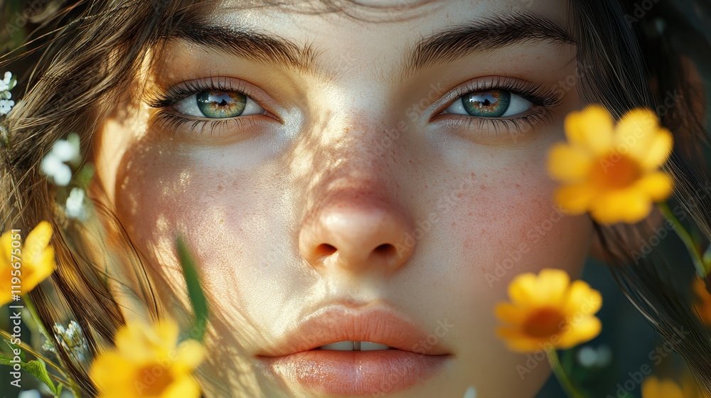 Close-up of young female with freckles and flowers Close-up of young female with freckles and flowers