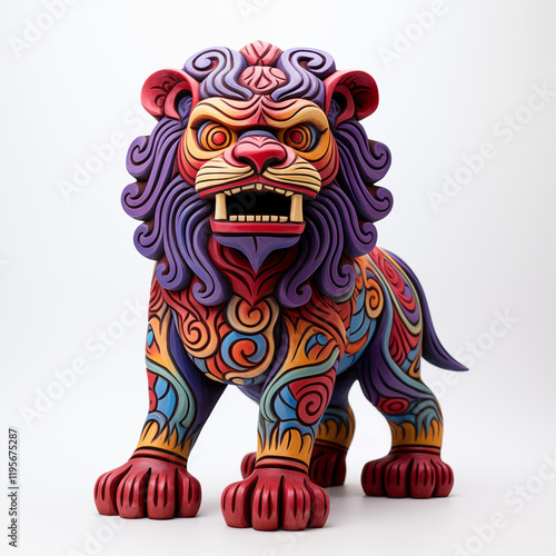 Mythical Lion Sculpture with Detailed Carvings and Bold Colors photo