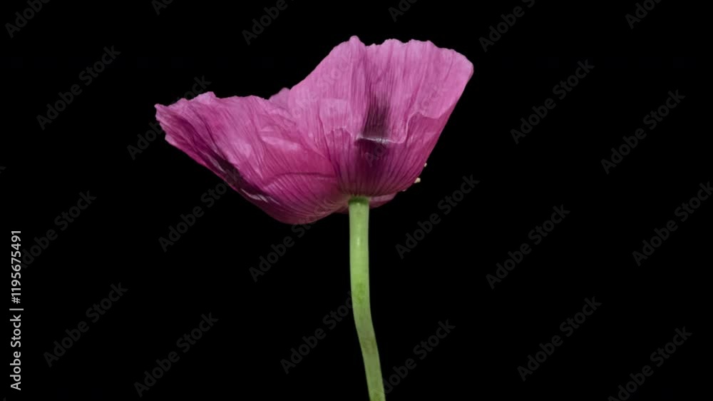 Macro time lapse blooming Opium Poppy (Papaver somniferum) flower, isolated on pure black background Macro time lapse blooming Opium Poppy (Papaver somniferum) flower, isolated on pure black background