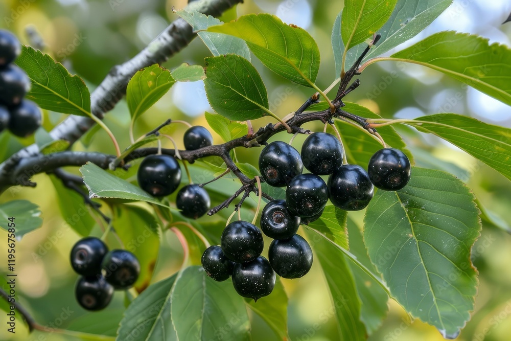 Close up of a bunch of black aronia berries growing on a branch surrounded by green leaves Close up of a bunch of black aronia berries growing on a branch surrounded by green leaves