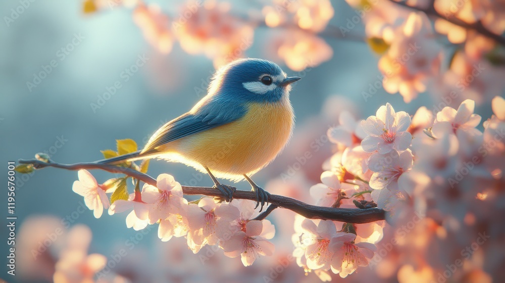 Colorful blue tit perched on cherry blossom branch in springtime Colorful blue tit perched on cherry blossom branch in springtime
