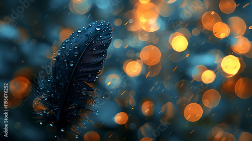 Cluse-up look of black bird feather with water drops