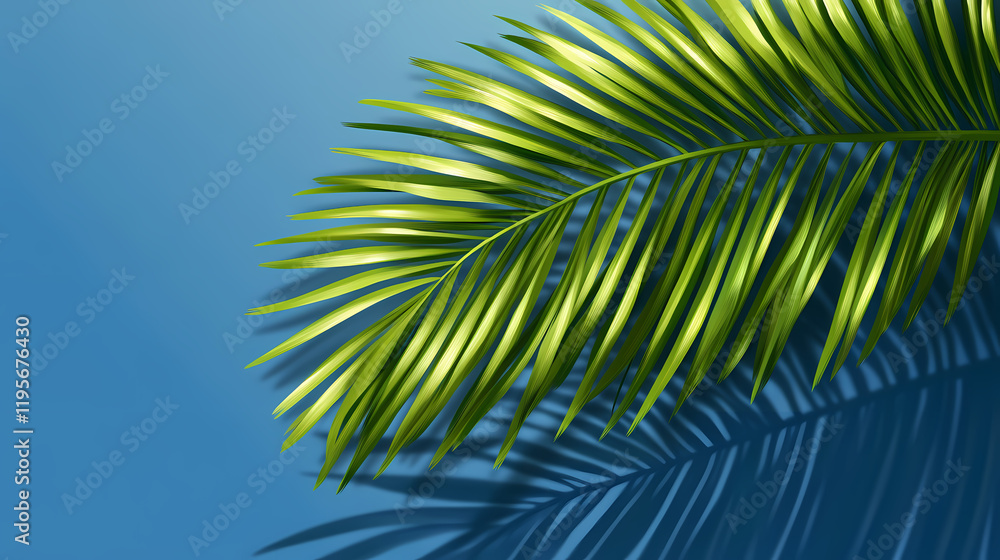 Fototapeta premium Palm leaves on blue background with shadow of palm tree leaf. Leafshadow. Illustration