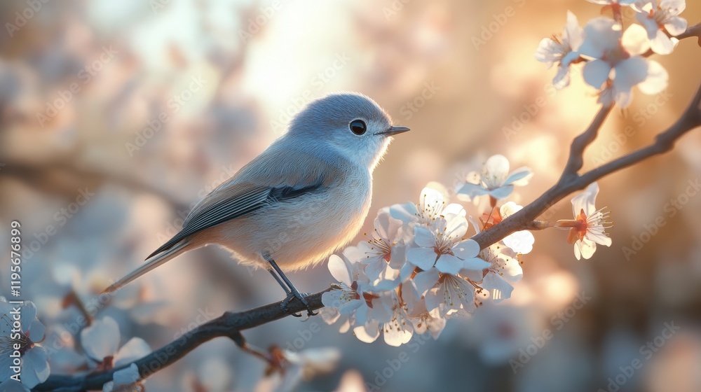 Small bird perched on blossoming branch during sunrise Small bird perched on blossoming branch during sunrise