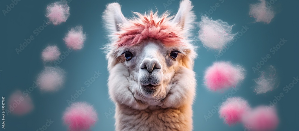 Fluffy adorable lama blowing bubblegum. Generative AI Fluffy adorable lama blowing bubblegum. Generative AI