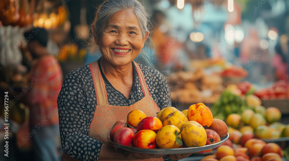 Fototapeta premium A street vendor smiling warmly, holding a tray of colorful fruit