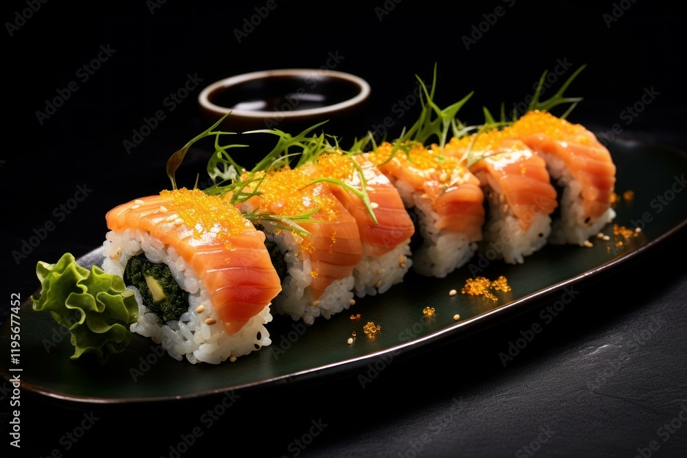 Freshly prepared uramaki sushi showcasing salmon, tobiko, and a touch of soy sauce, arranged on a sleek, dark plate Freshly prepared uramaki sushi showcasing salmon, tobiko, and a touch of soy sauce, arranged on a sleek, dark plate
