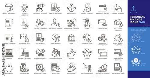 Personal finance thin line icon set. Vector editable stroke. Saving, investing, money management.